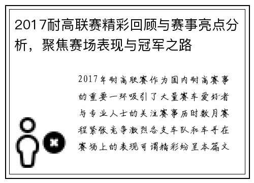 2017耐高联赛精彩回顾与赛事亮点分析,聚焦赛场表现与冠军之路